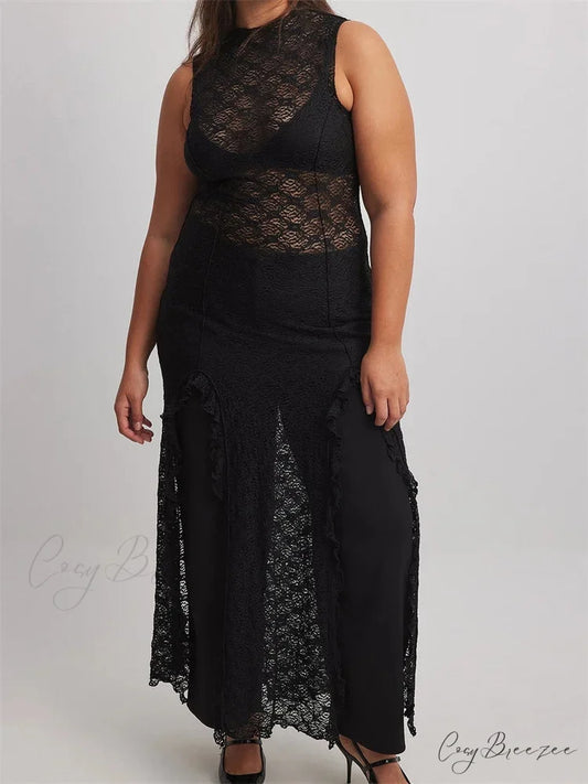 Women Lace See Through Vintage Sleeveless Round Neck Solid Ruffles High Split Female Vestidos BLACK / S