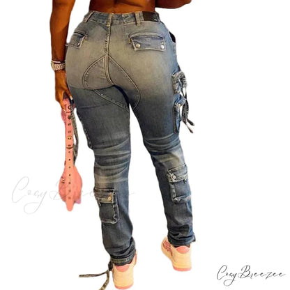 Women Long Cargo Pant Slim Fit Regular Y2K Casual Slim Fit Low Waist Splice Denim Trousers Zipper Summer Jeans