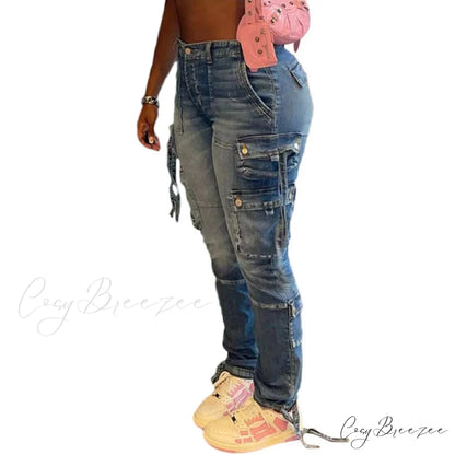 Women Long Cargo Pant Slim Fit Regular Y2K Casual Slim Fit Low Waist Splice Denim Trousers Zipper Summer Jeans
