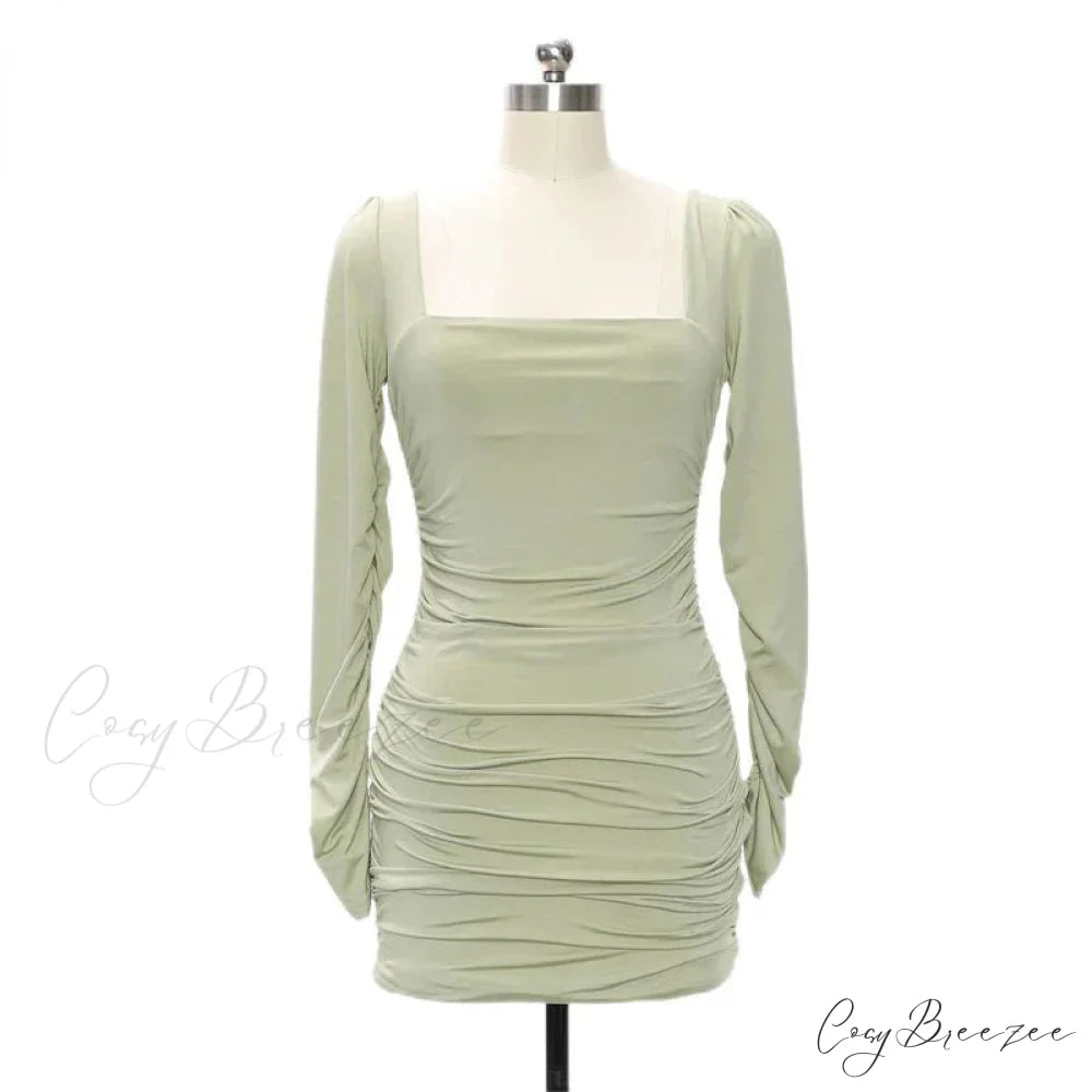 Women Long Sleeve Square Neck Bodycon Mini Dress