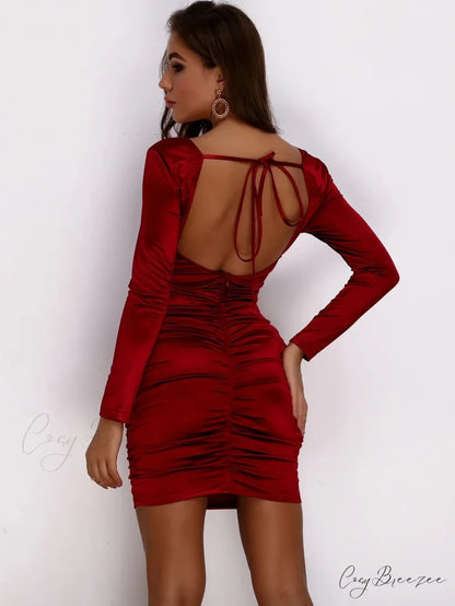 Women Long Sleeve Square Neck Bodycon Mini Dress Claret / XS