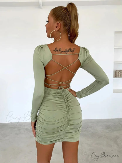 Women Long Sleeve Square Neck Bodycon Mini Dress Light Green / XS