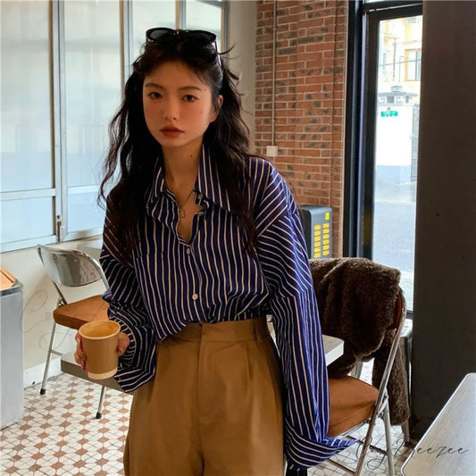 Women Long Tops Arm Casual Vintage Shirts Chic Deeptown Blouses Striped Office Fashion Korean Wear Blue / S