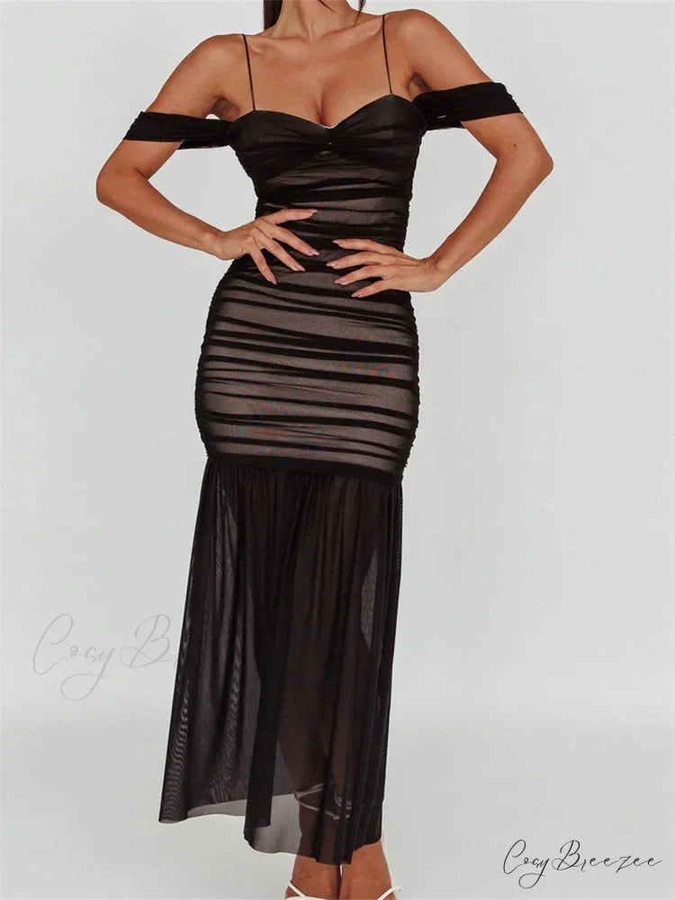 Women Mesh Sheer See Through Low Cut Off Shoulder Strap Backless Ruched Summer Party Vestidos