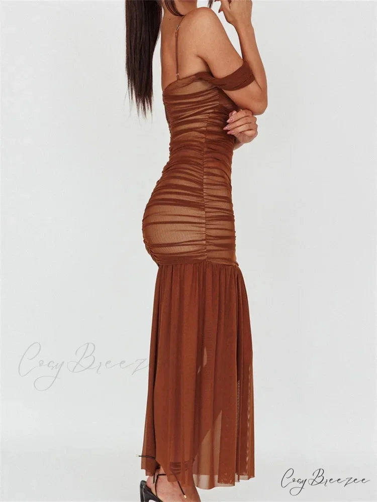 Women Mesh Sheer See Through Low Cut Off Shoulder Strap Backless Ruched Summer Party Vestidos