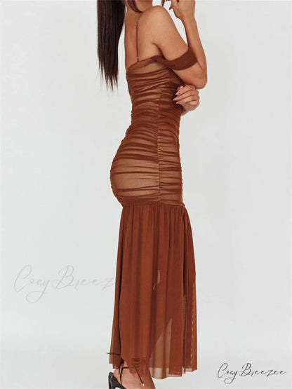 Women Mesh Sheer See Through Low Cut Off Shoulder Strap Backless Ruched Summer Party Vestidos