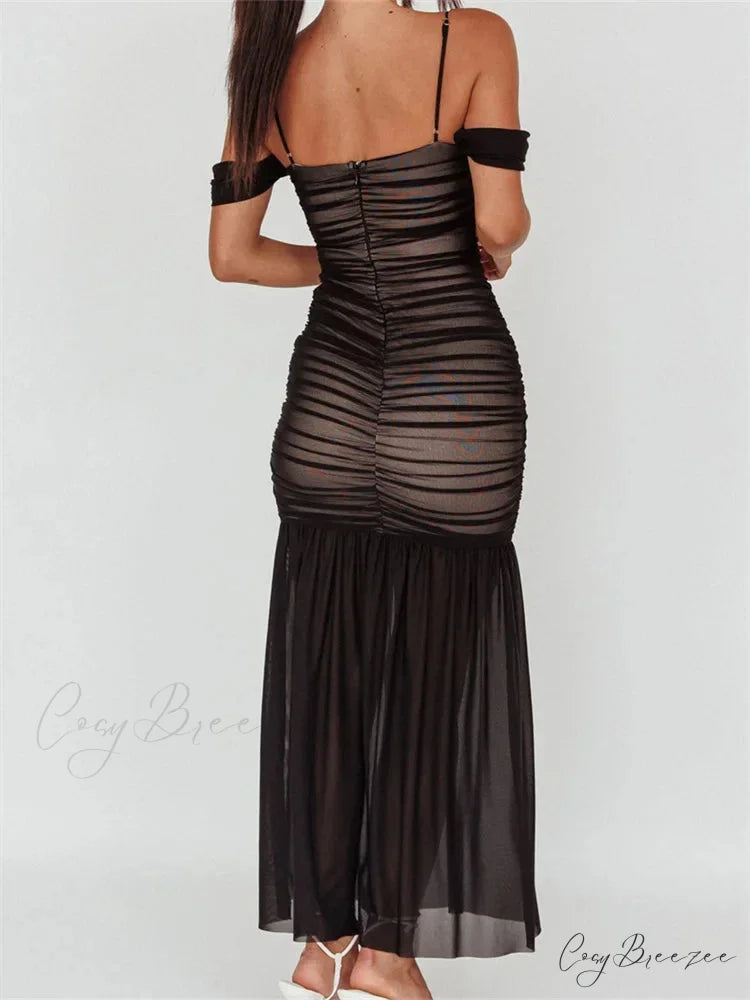 Women Mesh Sheer See Through Low Cut Off Shoulder Strap Backless Ruched Summer Party Vestidos