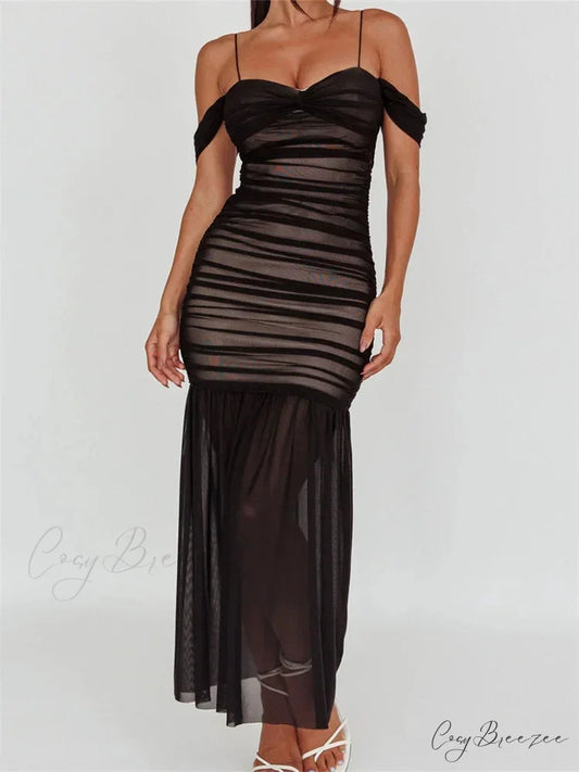 Women Mesh Sheer See Through Low Cut Off Shoulder Strap Backless Ruched Summer Party Vestidos BLACK / S