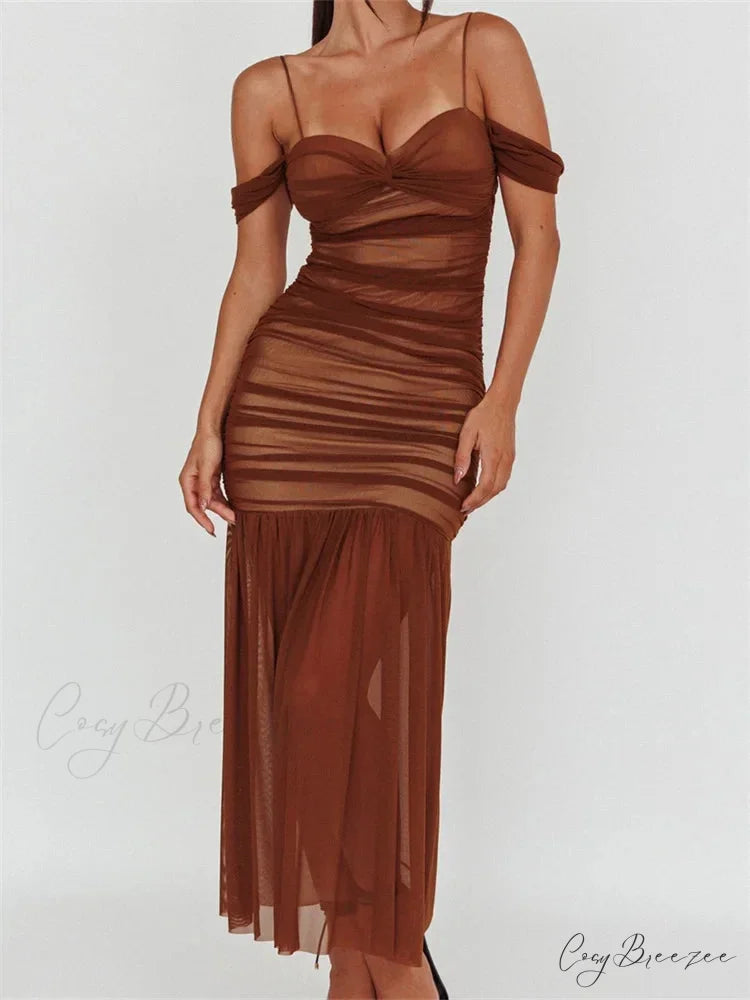 Women Mesh Sheer See Through Low Cut Off Shoulder Strap Backless Ruched Summer Party Vestidos Burgundy / S