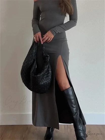 Women Off-Shoulder Solid Color Sleeve Side High Split Slim Fit Party Spring Fall Vestidos