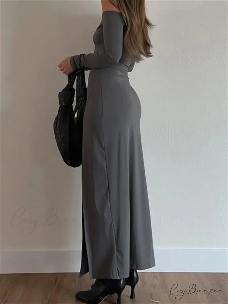 Women Off-Shoulder Solid Color Sleeve Side High Split Slim Fit Party Spring Fall Vestidos