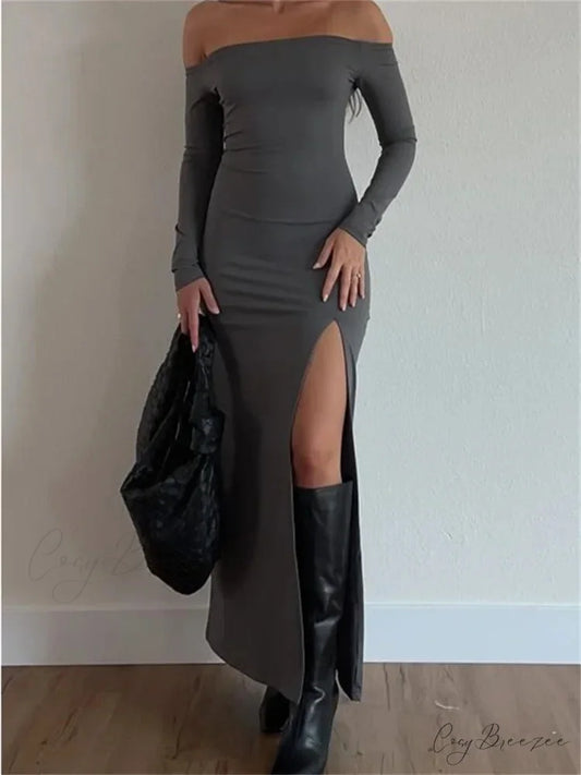 Women Off-Shoulder Solid Color Sleeve Side High Split Slim Fit Party Spring Fall Vestidos GRAY / S