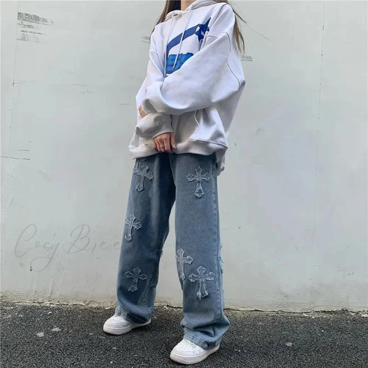 Women Pant Woman High Waist Denim Pants Wide Leg Denim Clothing Blue Vintage Quality Fashion Straight Jean Blue / S