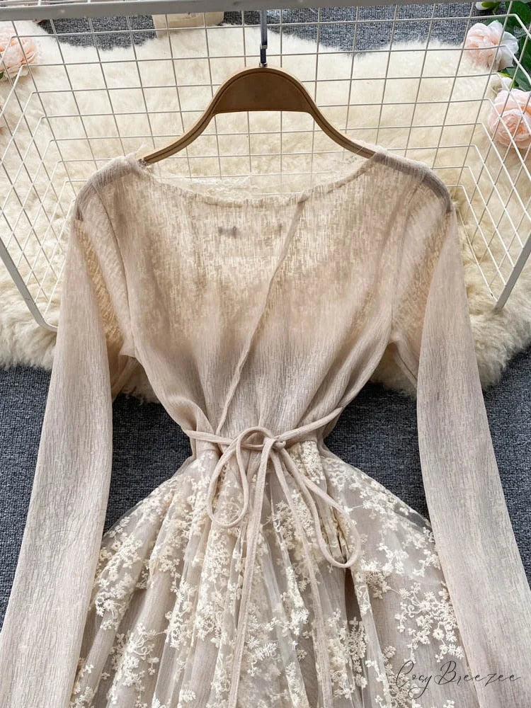 Women Party Warm-Season Waist Closing Up Autumn Temperament Lace Gown Tide New O-neck Elegant Vestidos Irregular 2024