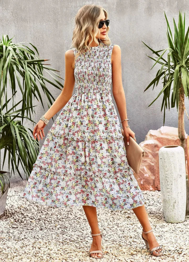 WOMEN PRINT SLEEVE DRESS M / apricot