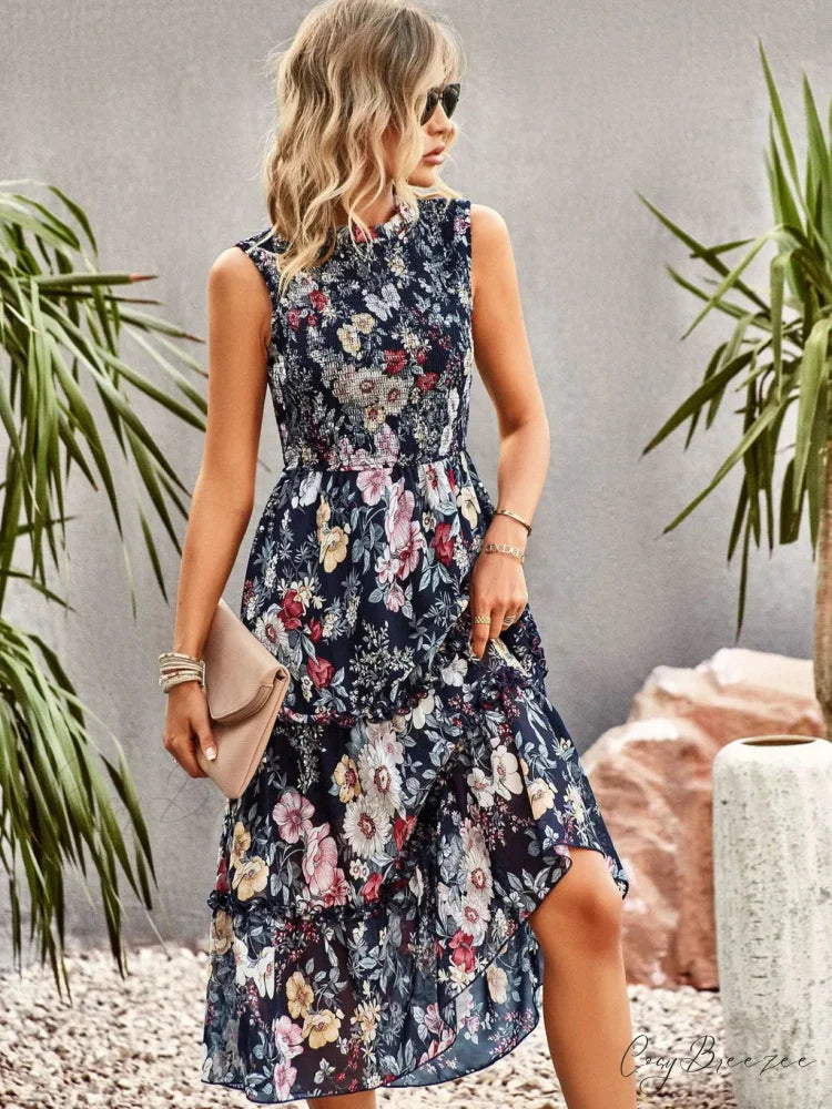 WOMEN PRINT SLEEVE DRESS S / apricot