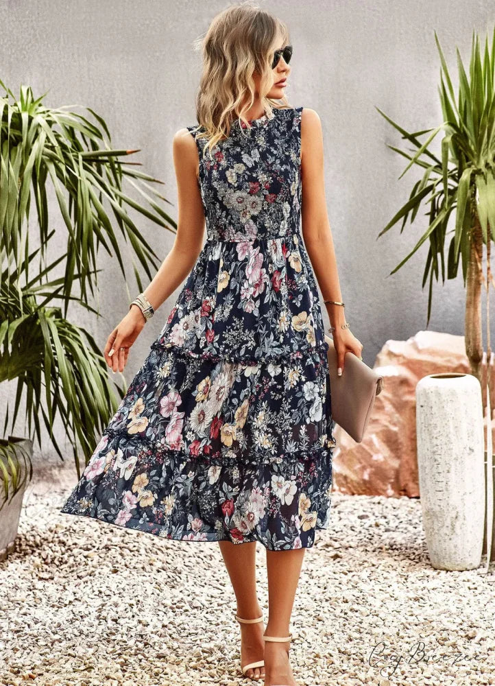 WOMEN PRINT SLEEVE DRESS S / navy blue