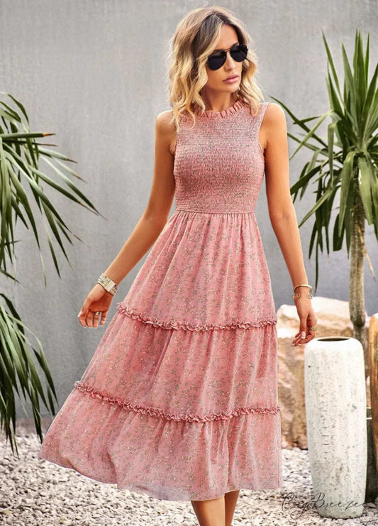 WOMEN PRINT SLEEVE DRESS S / pink