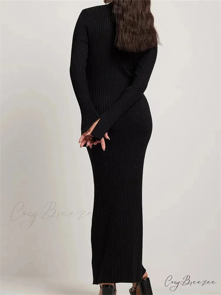 Women Ribbed Knitted Flare Sleeve Lapel Solid Color Bodycon Party Going Out Female Vestido