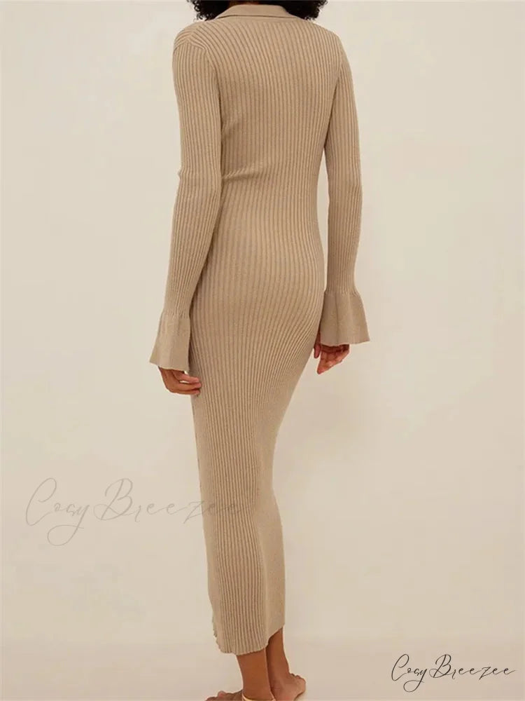 Women Ribbed Knitted Flare Sleeve Lapel Solid Color Bodycon Party Going Out Female Vestido
