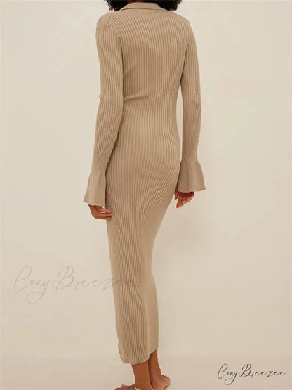 Women Ribbed Knitted Flare Sleeve Lapel Solid Color Bodycon Party Going Out Female Vestido