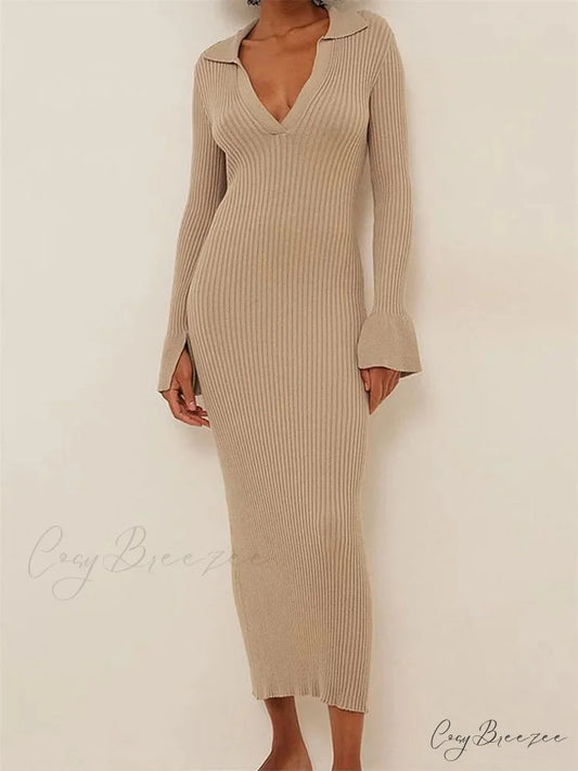 Women Ribbed Knitted Flare Sleeve Lapel Solid Color Bodycon Party Going Out Female Vestido KHAKI / S