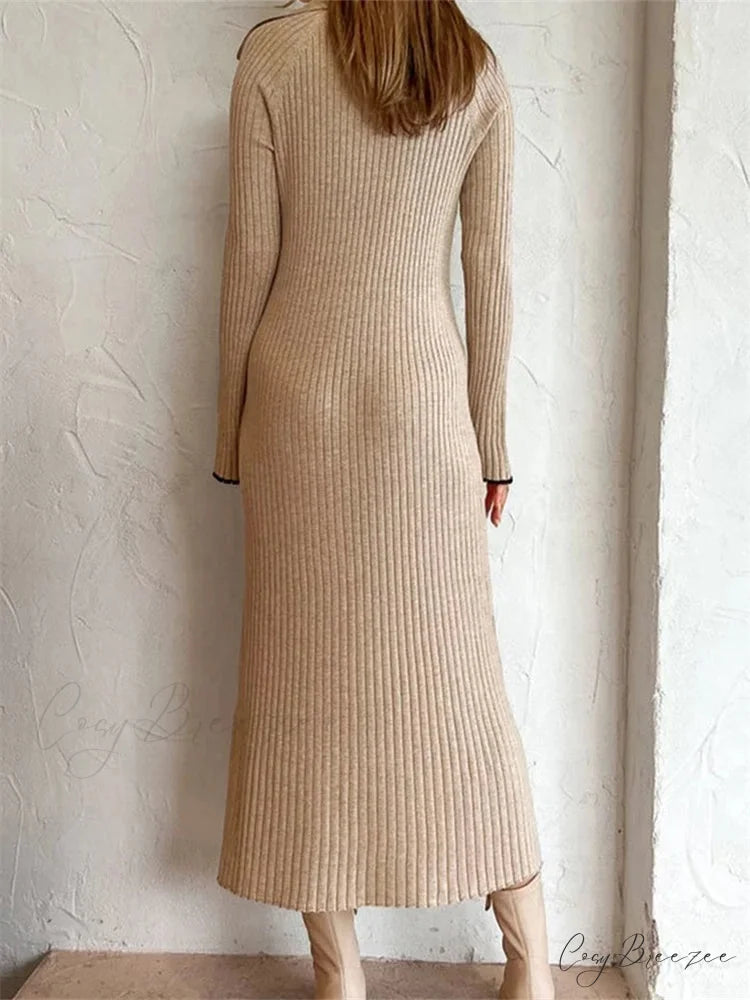 Women Ribbed Knitted Flare Sleeve Lapel Solid Color Party Going Out Female Vestidos Streetwear