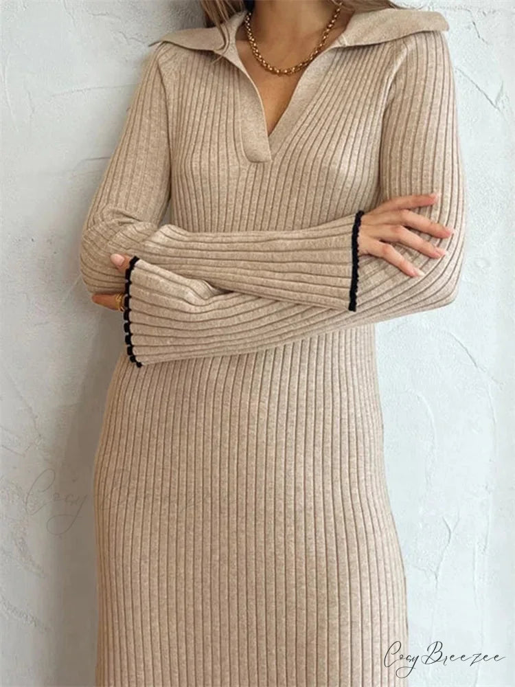Women Ribbed Knitted Flare Sleeve Lapel Solid Color Party Going Out Female Vestidos Streetwear
