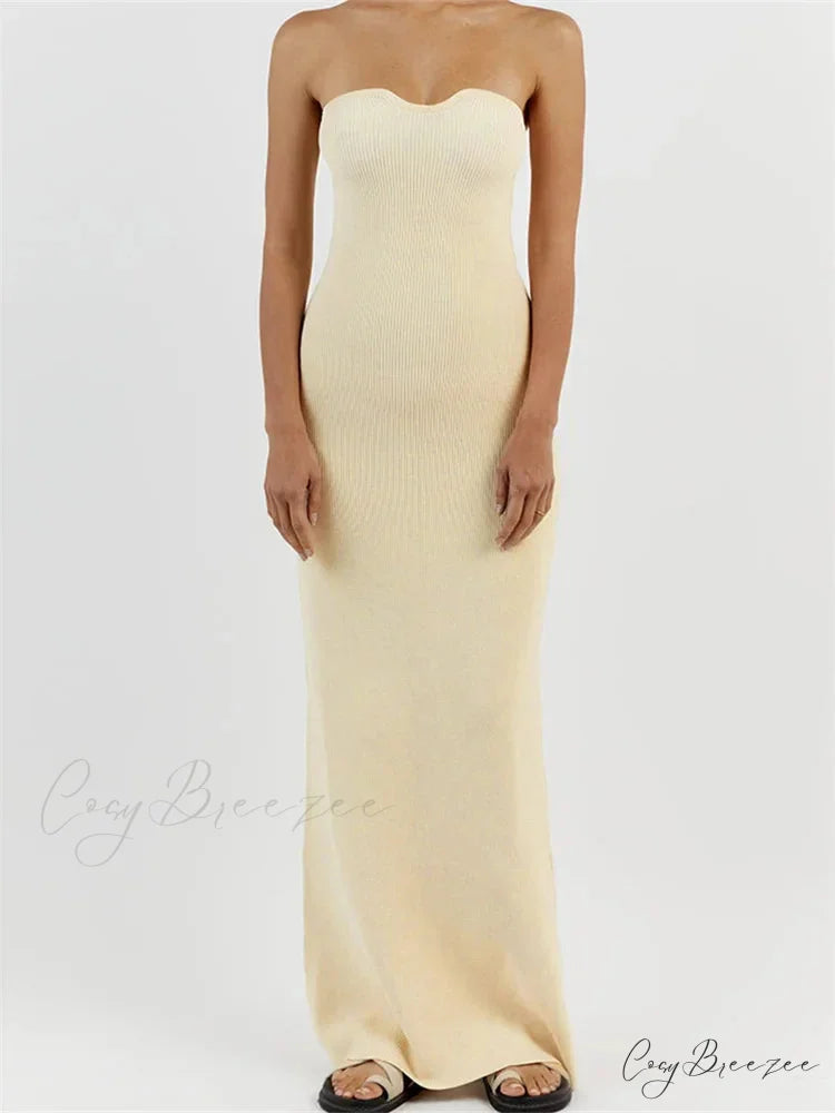 Women Ribbed Tube Summer Knitted Strapless Backless Sleeveless Solid Color Bodycon Party Vestidos WHITE / S