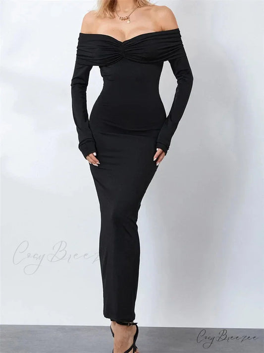 Women Ruched Slash Neck Off-shoulder Sleeve Solid Slim Fit Bodycon Cocktail Party Vestidos BLACK / S