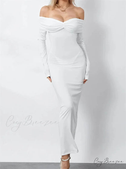 Women Ruched Slash Neck Off-shoulder Sleeve Solid Slim Fit Bodycon Cocktail Party Vestidos WHITE / S