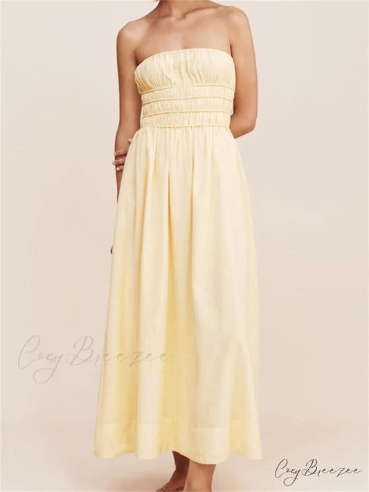 Women Ruched Strapless Tube Solid Summer Backless Party A-Line for Cocktail Streetwear Aesthetic Vestidos BEIGE / S