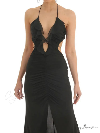 Women Ruffle Halter Lace-up Y2K Sleeveless Off Shoulder Backless Tassels Ruched Front Split Vestidos