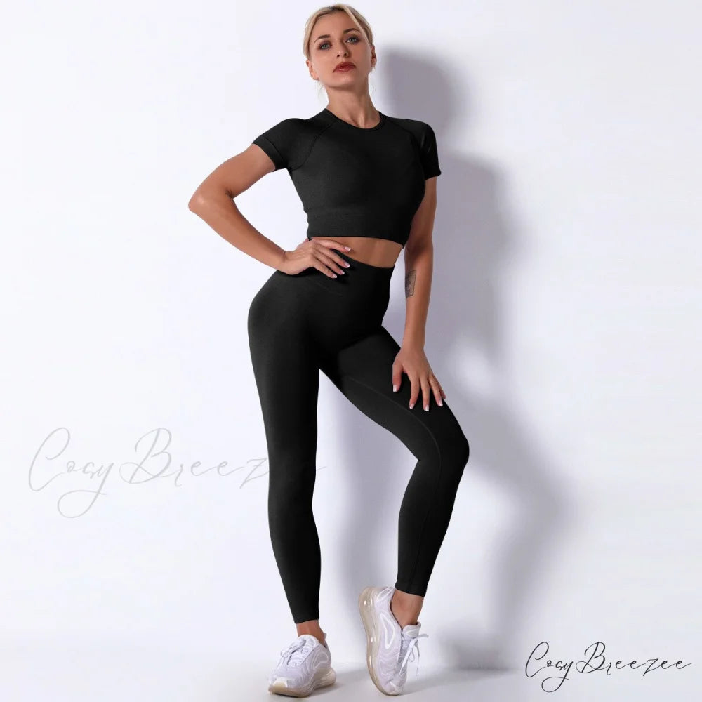 Women Seamless Sports Fitness Tracksuit Running Leggings Black / S