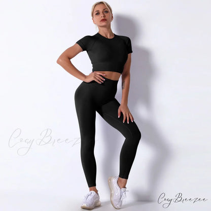 Women Seamless Sports Fitness Tracksuit Running Leggings Black / S