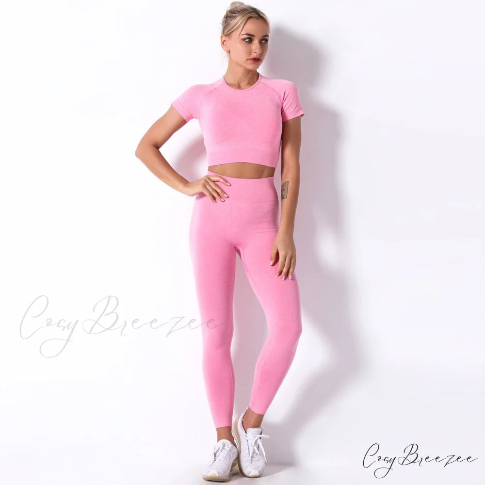 Women Seamless Sports Fitness Tracksuit Running Leggings Rose red / S