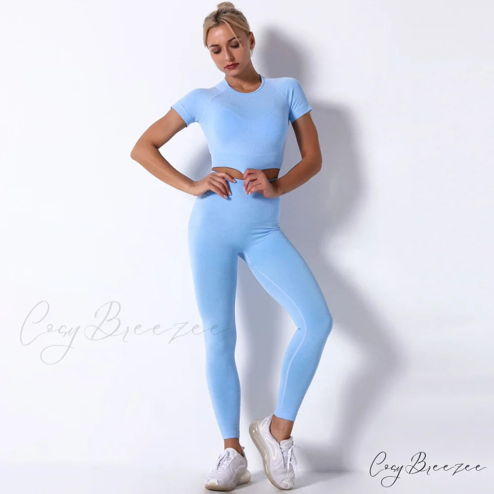 Women Seamless Sports Fitness Tracksuit Running Leggings Sky blue / S