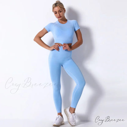 Women Seamless Sports Fitness Tracksuit Running Leggings Sky blue / S