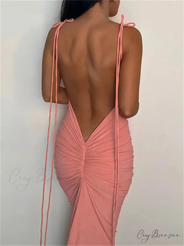 Women Sexy Backless Ruched Adjustable Lace-up Strap Slim Elegant Solid Party Female Vestido Clubwear