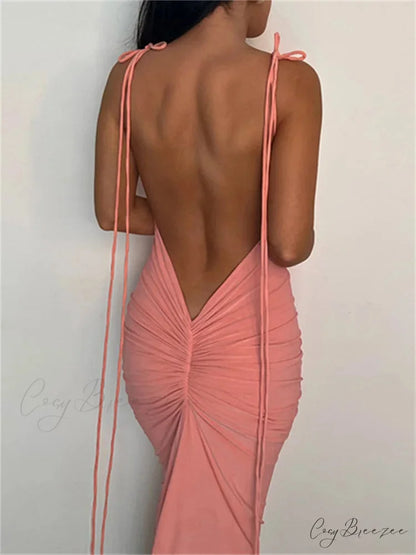 Women Sexy Backless Ruched Adjustable Lace-up Strap Slim Elegant Solid Party Female Vestido Clubwear