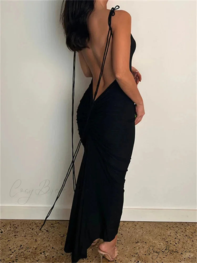 Women Sexy Backless Ruched Adjustable Lace-up Strap Slim Elegant Solid Party Female Vestido Clubwear