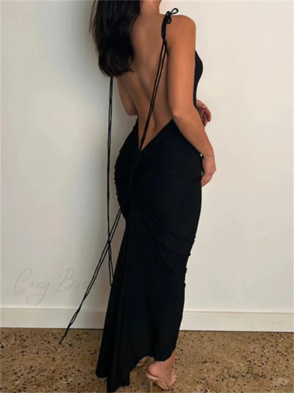 Women Sexy Backless Ruched Adjustable Lace-up Strap Slim Elegant Solid Party Female Vestido Clubwear