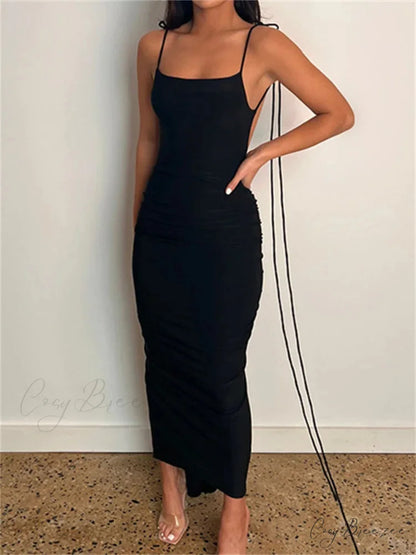 Women Sexy Backless Ruched Adjustable Lace-up Strap Slim Elegant Solid Party Female Vestido Clubwear Black / S
