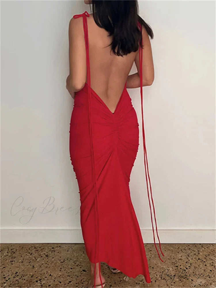 Women Sexy Backless Ruched Adjustable Lace-up Strap Slim Elegant Solid Party Female Vestido Clubwear Red / S