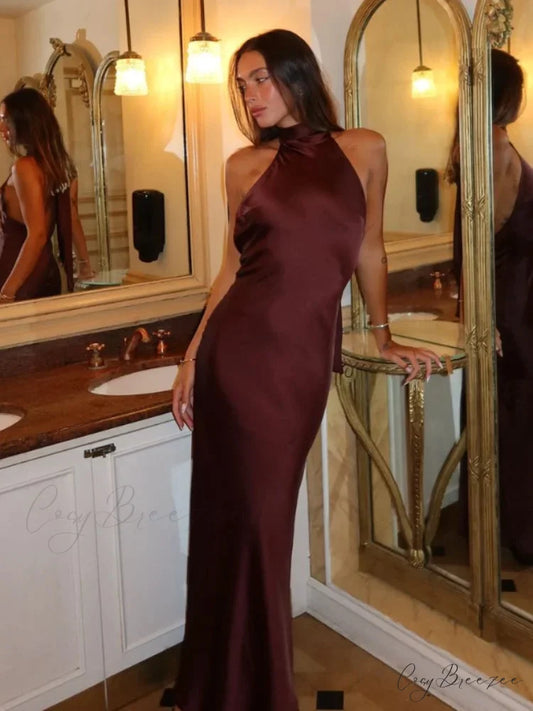 Women Sexy Chic Satin Backless Halter Lace Up Christmas Party Dress Brown / XS