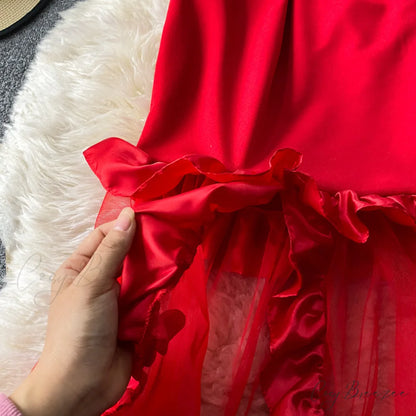 Women Sexy Female Dresses Patchwork Bodycon Strapless Gown Red Mesh Party Dinner Slim Strap Warm-Season Long Spaghetti