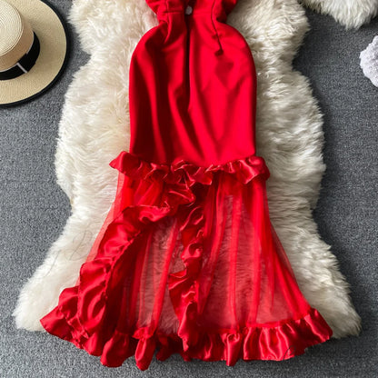 Women Sexy Female Dresses Patchwork Bodycon Strapless Gown Red Mesh Party Dinner Slim Strap Warm-Season Long Spaghetti