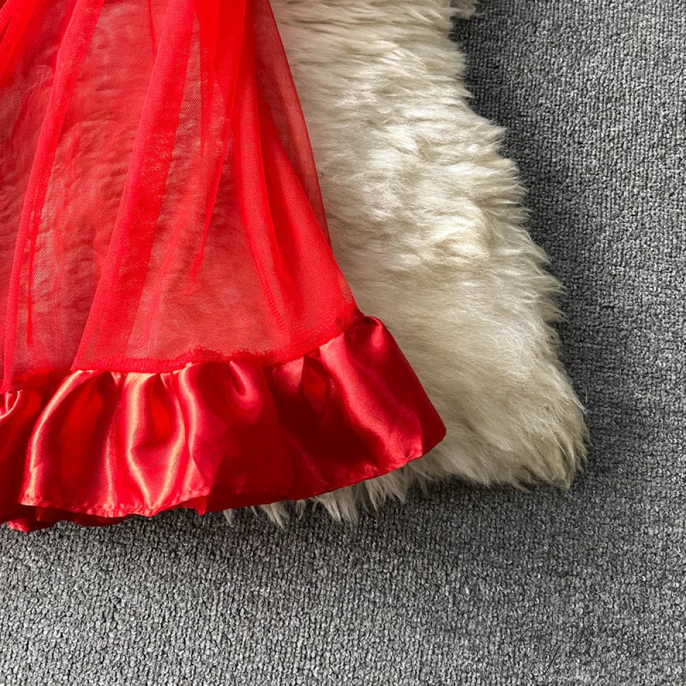 Women Sexy Female Dresses Patchwork Bodycon Strapless Gown Red Mesh Party Dinner Slim Strap Warm-Season Long Spaghetti
