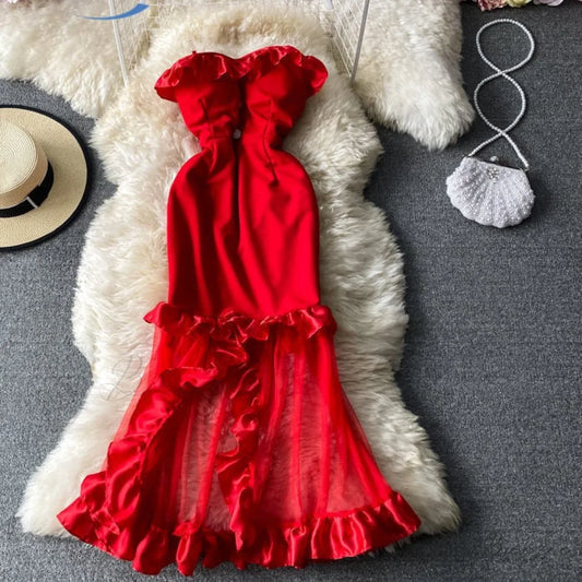 Women Sexy Female Dresses Patchwork Bodycon Strapless Gown Red Mesh Party Dinner Slim Strap Warm-Season Long Spaghetti