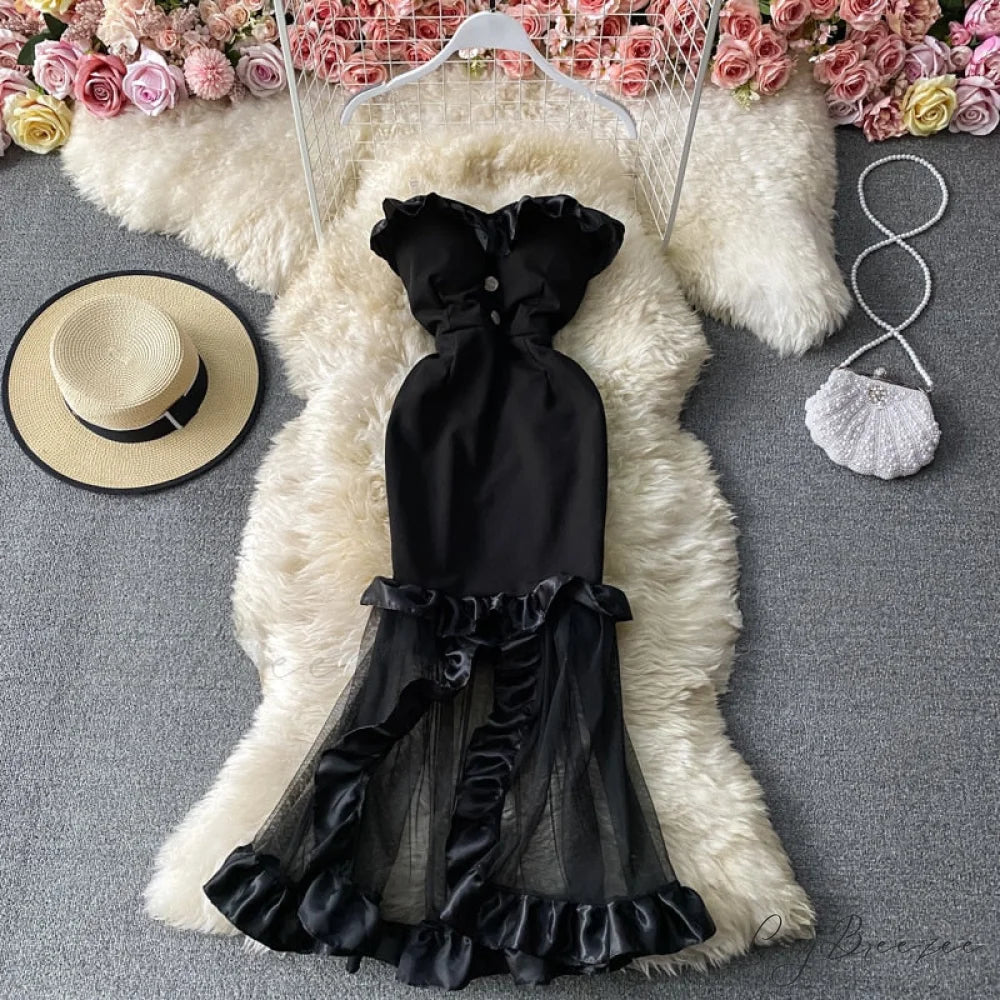 Women Sexy Female Dresses Patchwork Bodycon Strapless Gown Red Mesh Party Dinner Slim Strap Warm-Season Long Spaghetti